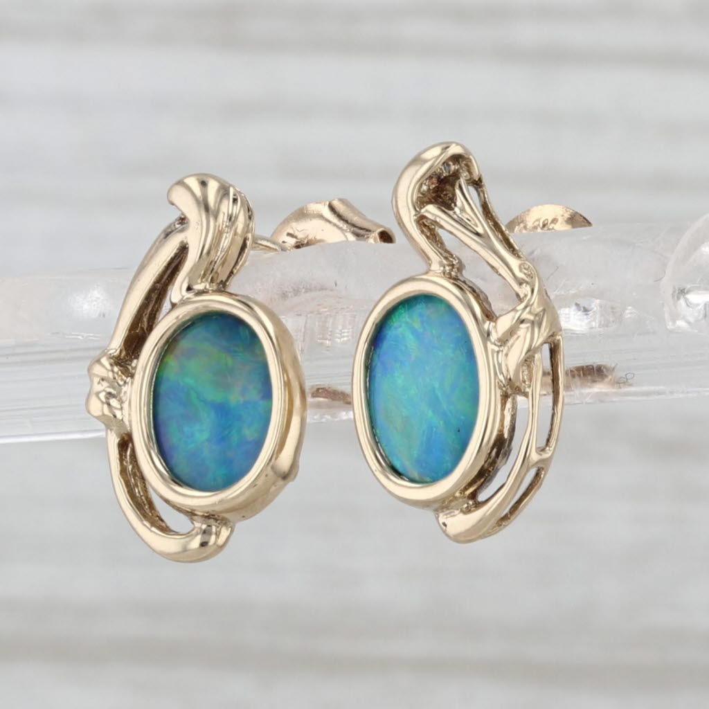 Blue Opal Stud Earrings 14k Yellow Gold Oval Cabochon Studs