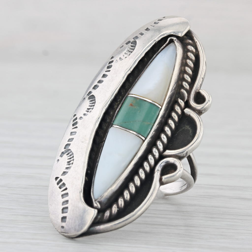 Light Gray Vintage Turquoise Mother of Pearl Stamped Ring Sterling Silver Size 6 Statement