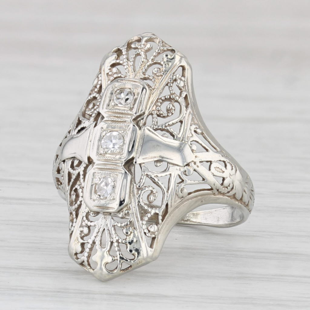 Light Gray Vintage VS2 Diamond Filigree Ring 14k White Gold Size 2.75