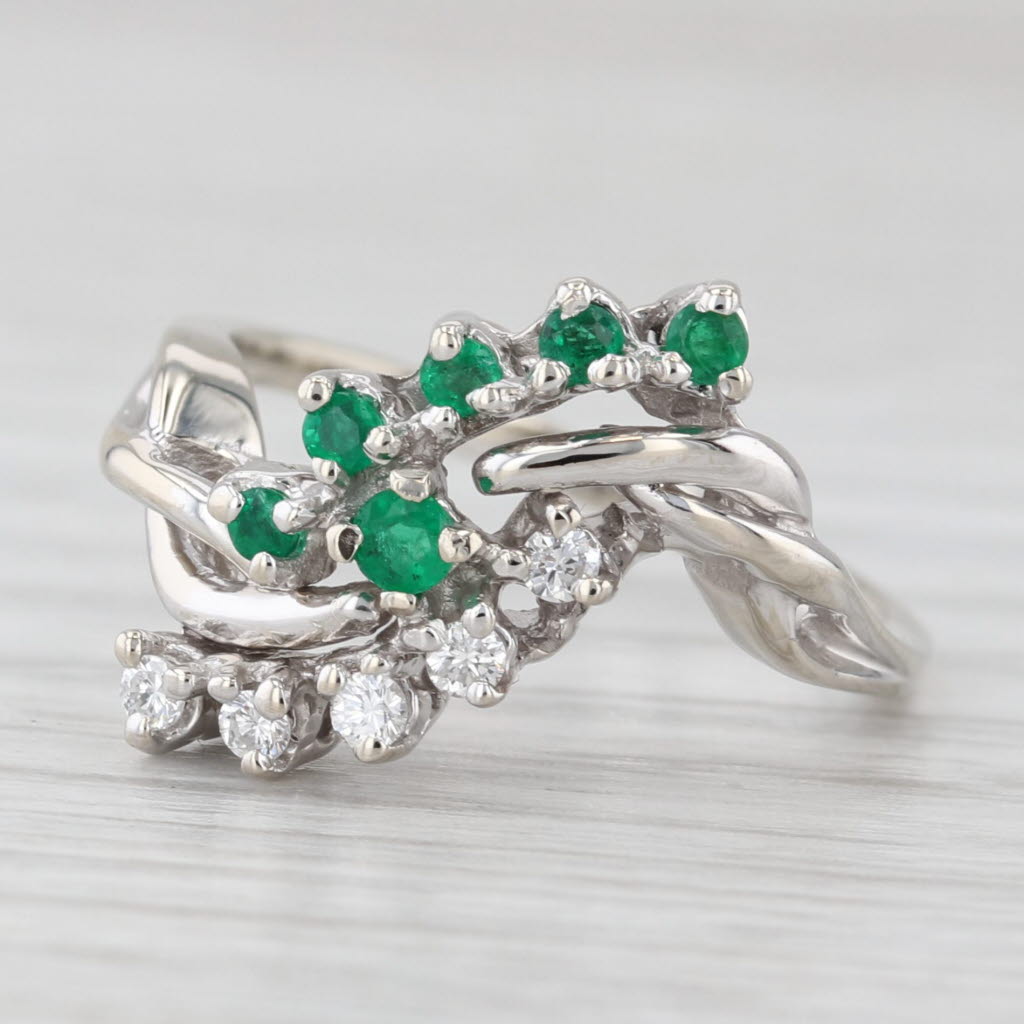 Light Gray Vintage 0.35ctw Diamond Emerald Bypass Ring 14k White Gold Size 6