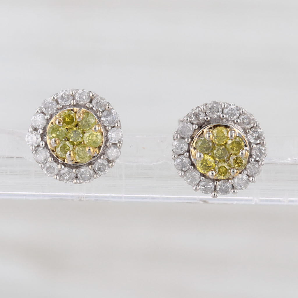 0.45ctw Yellow White Diamond Halo Stud Earrings 10k White Gold Studs