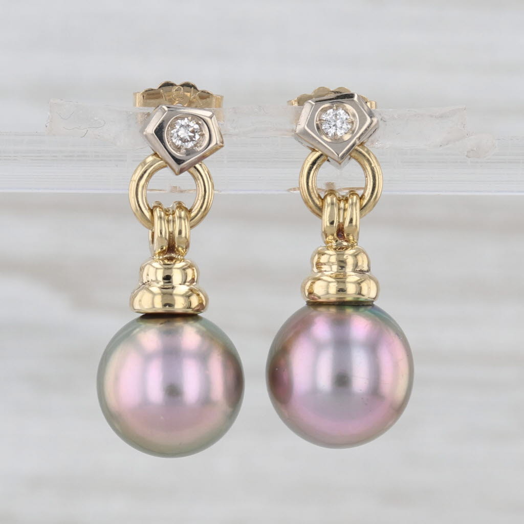 Gray Cultured Pearl Diamond Dangle Earrings 18k Yellow Gold Drops