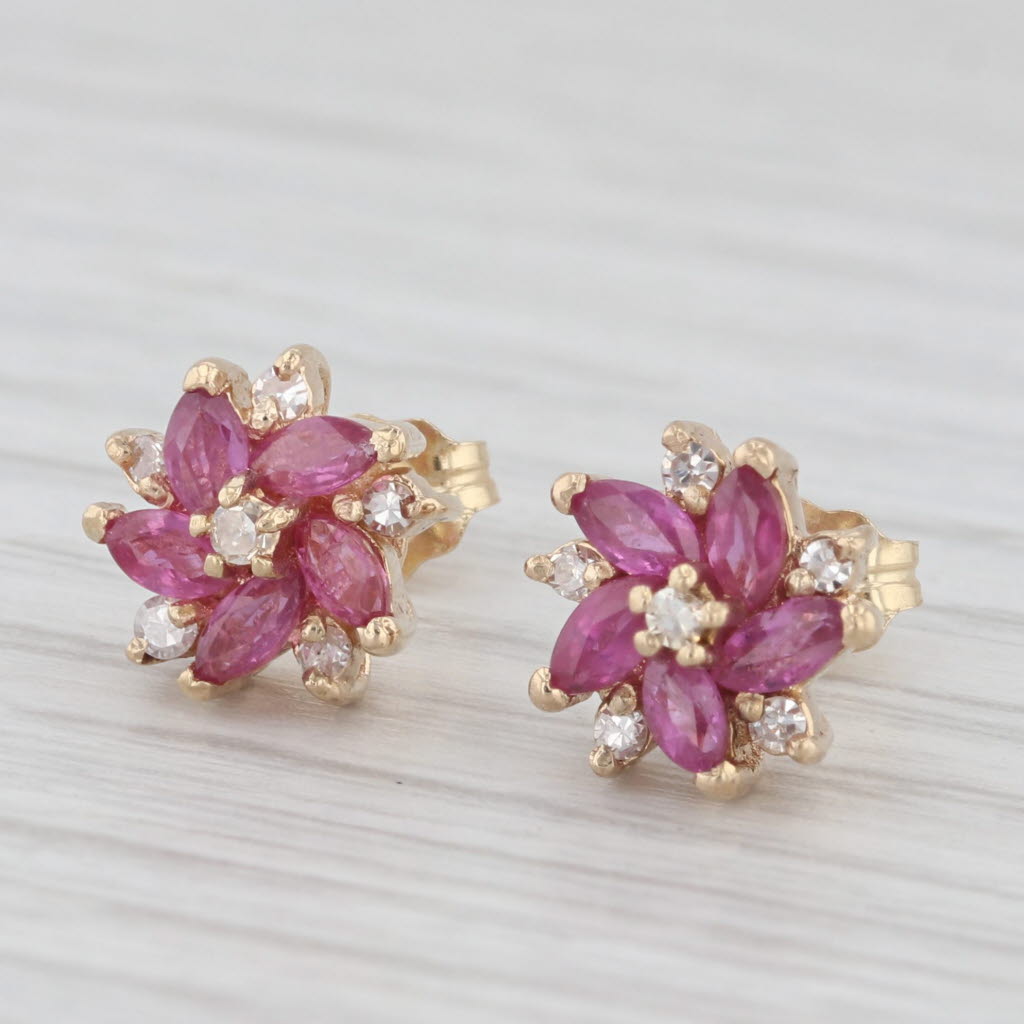 Light Gray 0.72ctw Ruby Diamond Flower Stud Earrings 14k Yellow Gold