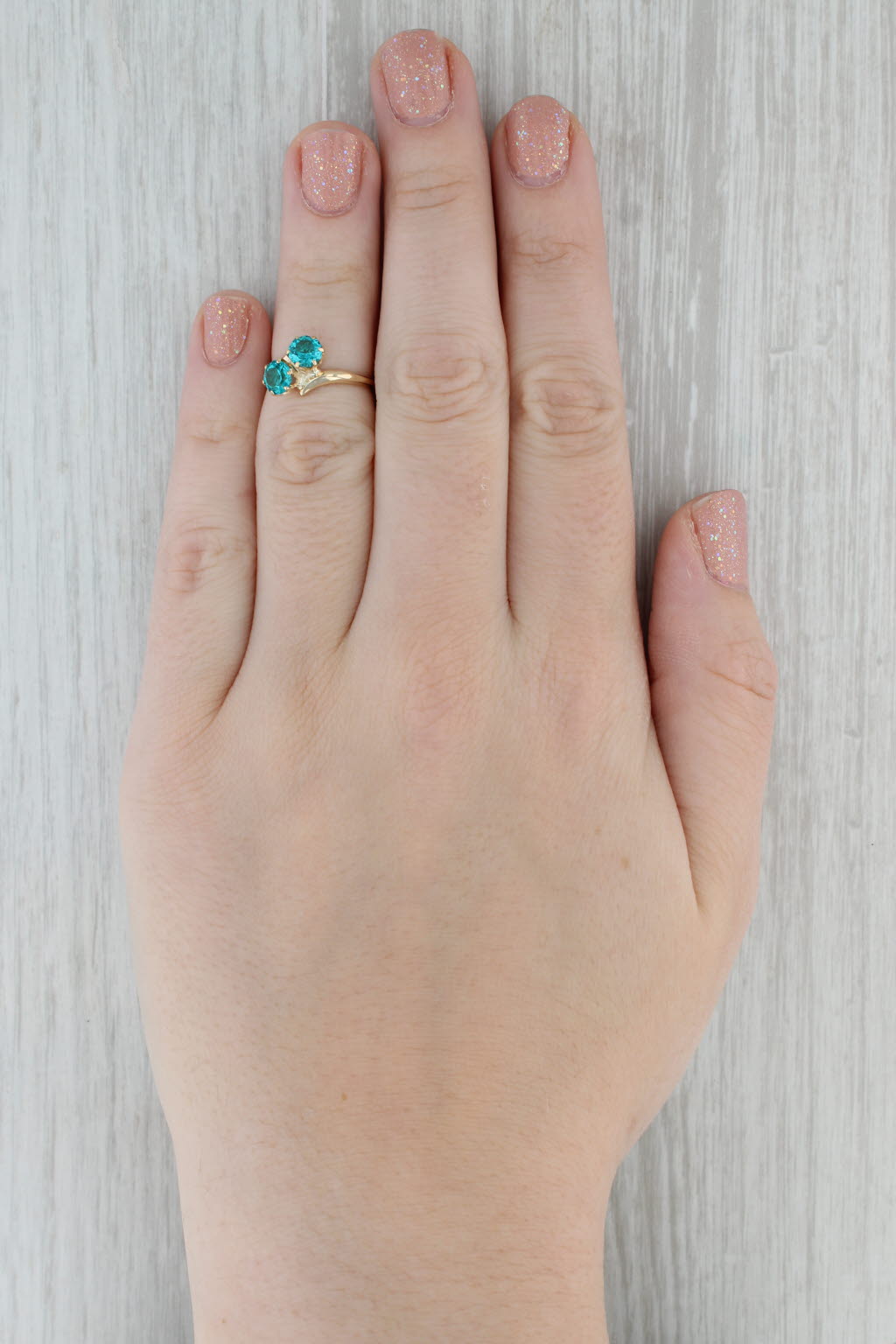 Gray Round Teal Glass Ring 10k Yellow Gold Size 4 Bypass