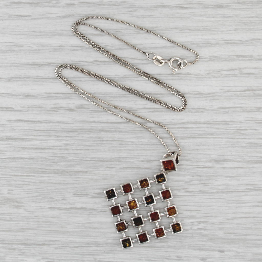 Multicolor Amber Pendant Necklace Sterling Silver 18" Box Chain Statement