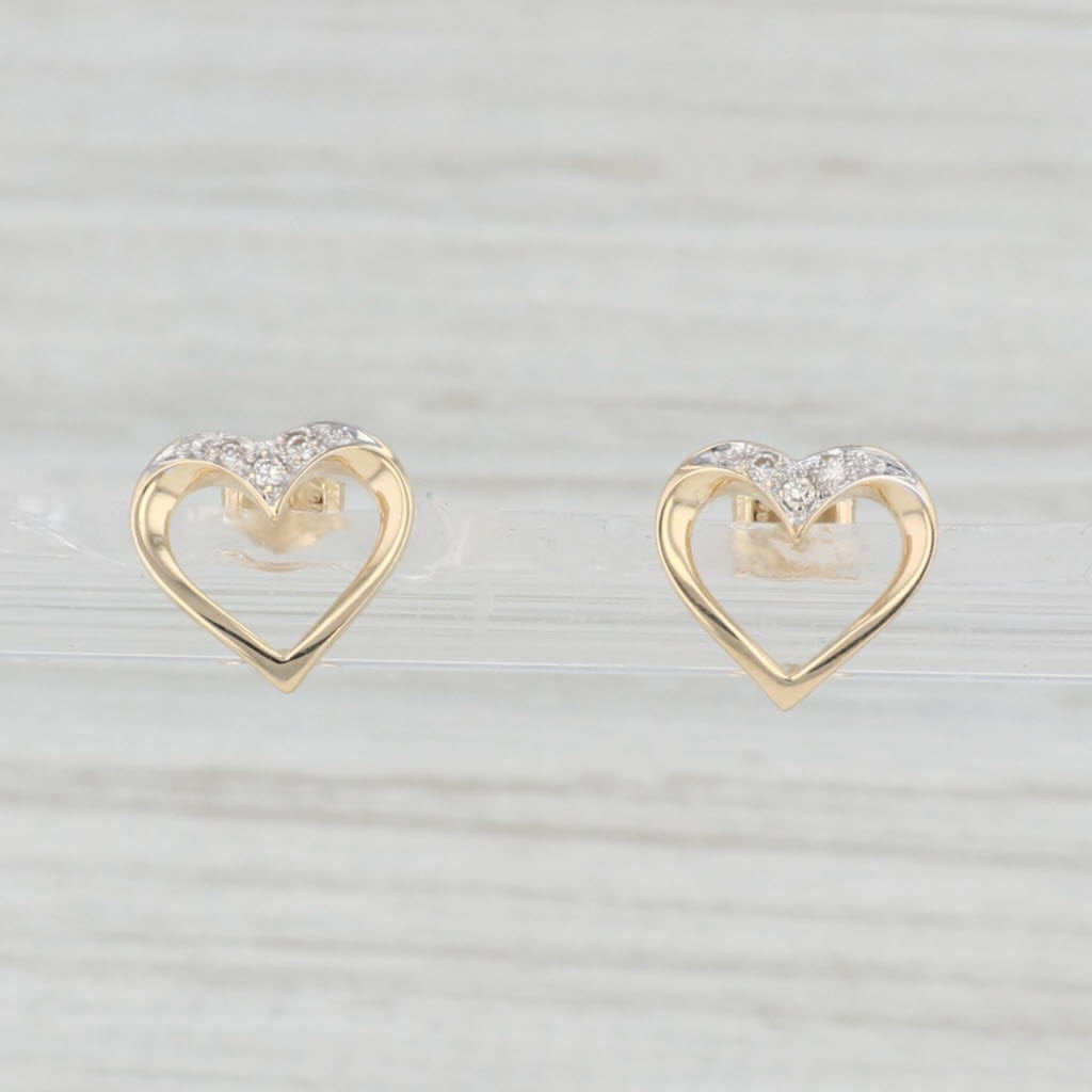 Light Gray Diamond Small Open Heart Stud Earrings 14k Yellow Gold