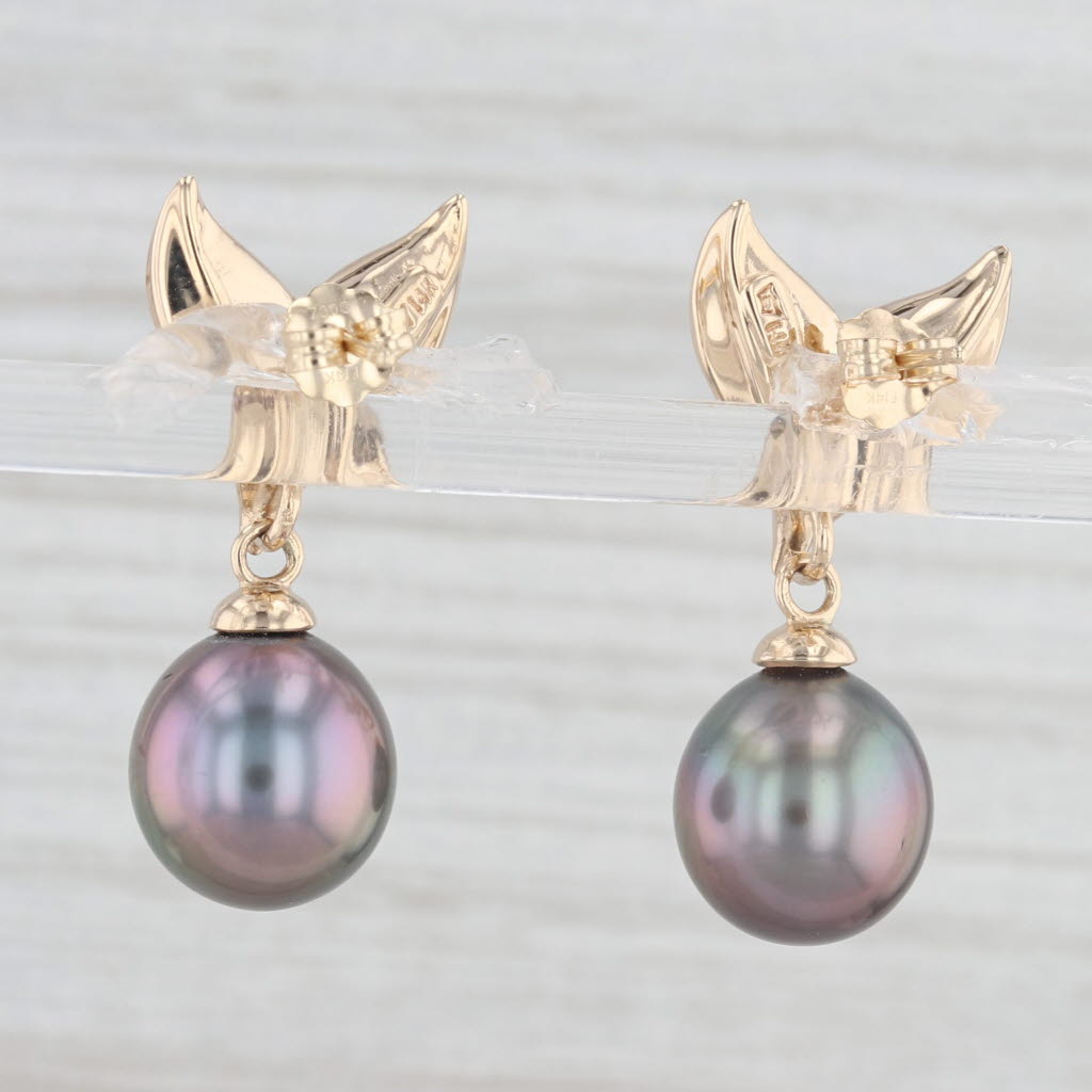 Light Gray Black Cultured Pearl Drop Earrings 14k Yellow Gold Flower Dangles