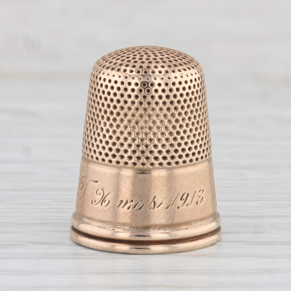 Light Gray Antique Engraved Thimble 10k Yellow Gold Sewing Keepsake Collectible Size 10