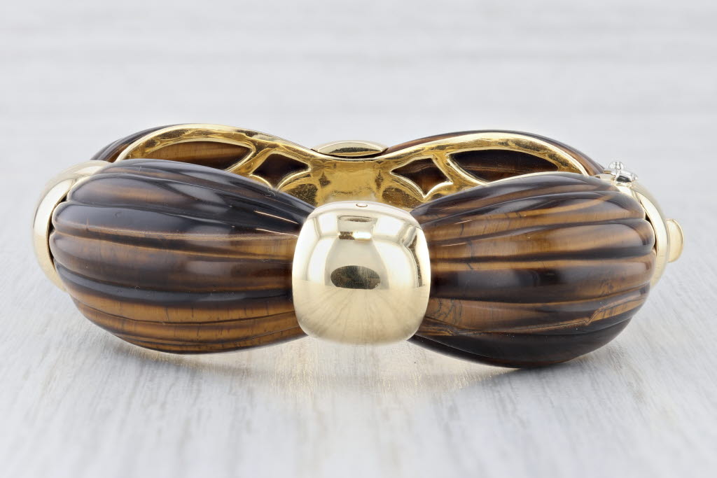 Vintage Tiger's Eye Bangle Bracelet 18k Yellow Gold 6.5" 21mm