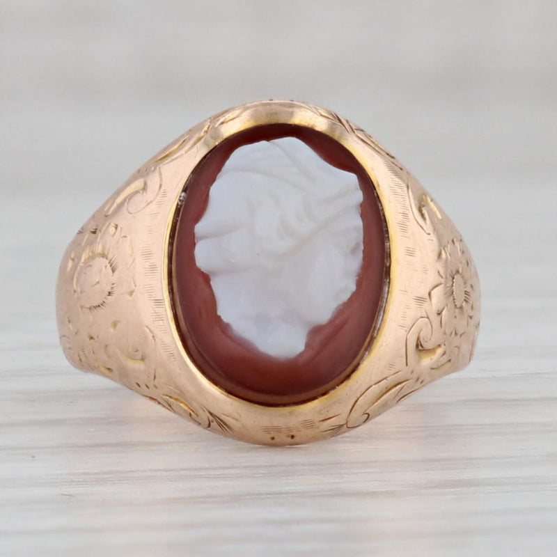 Gray Antique Sardonyx Cameo Ring 10k Yellow Gold Size 3.5 Ornate Floral Signet