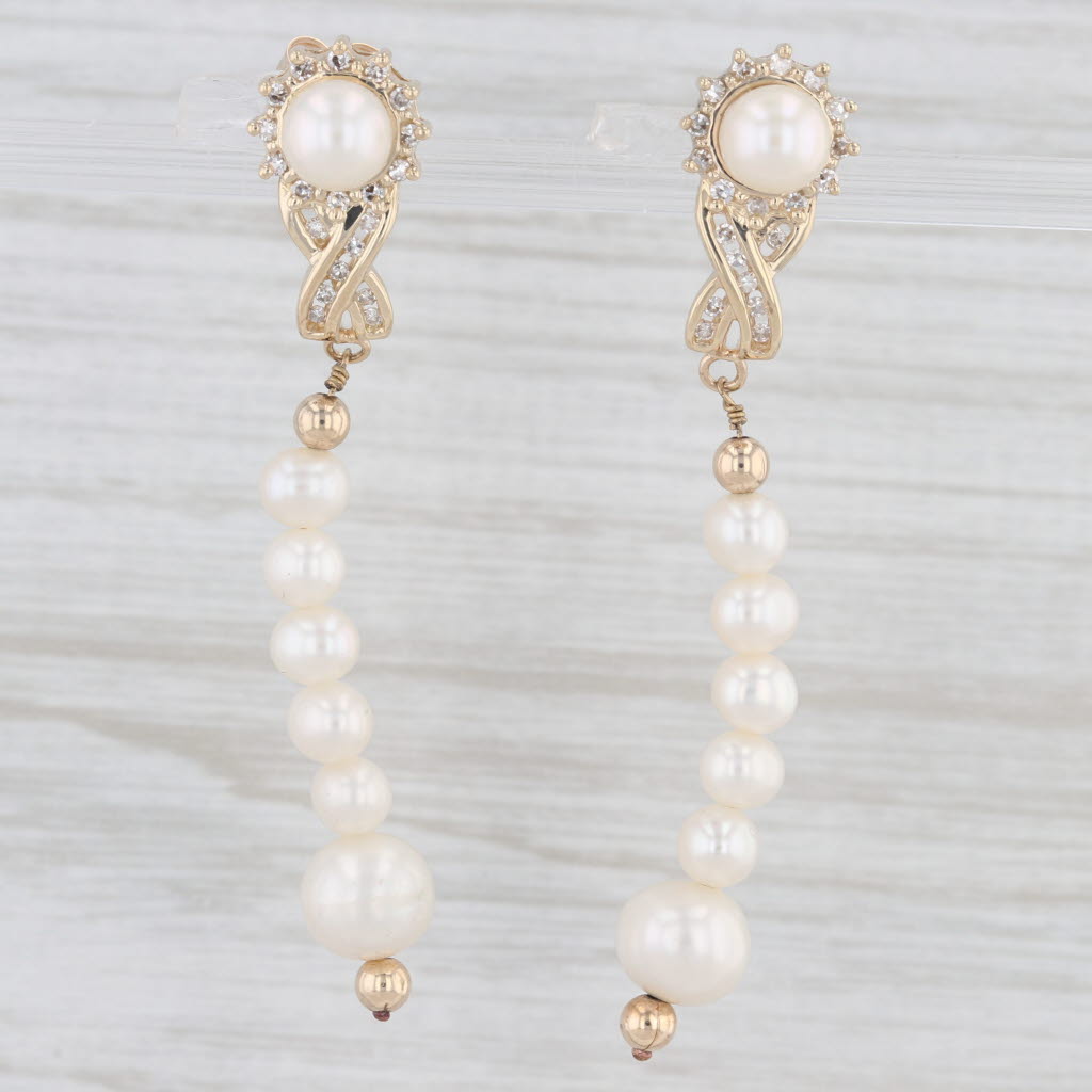 Light Gray Cultured Pearl Diamond Drop Earrings 14k Yellow Gold Dangles