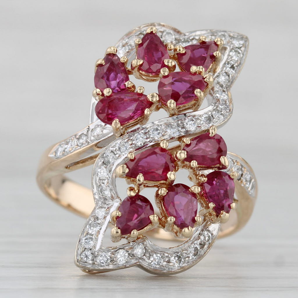 Gray 2.40ctw Ruby Cluster Diamond Bypass Ring 14k Yellow Gold Size 7.25 Cocktail