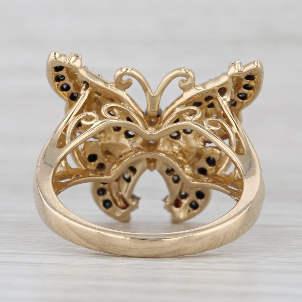 0.35ctw Diamond Butterfly Ring 14k Yellow Gold Size 7 Black White Brown Cocktail