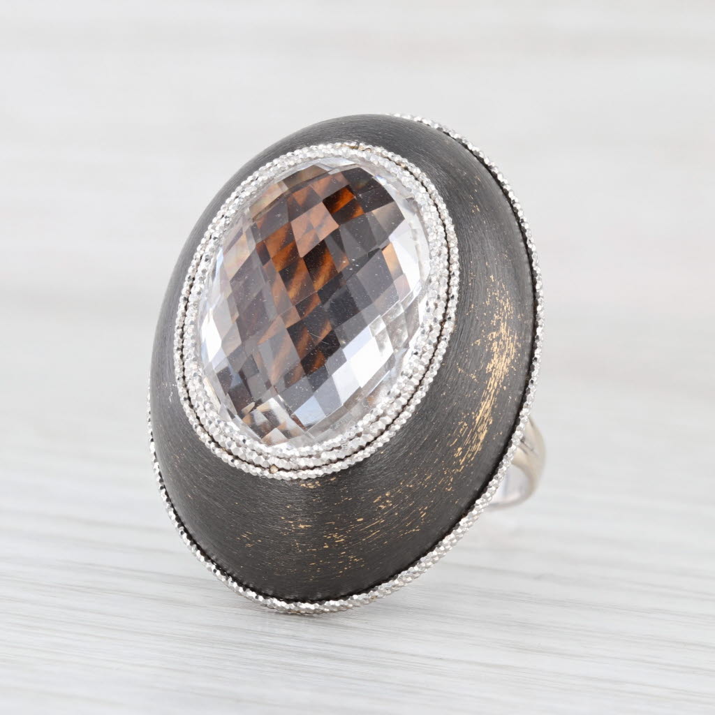 Rock Crystal Quartz Statement Ring 18k White Gold Black Rhodium Accents Italian