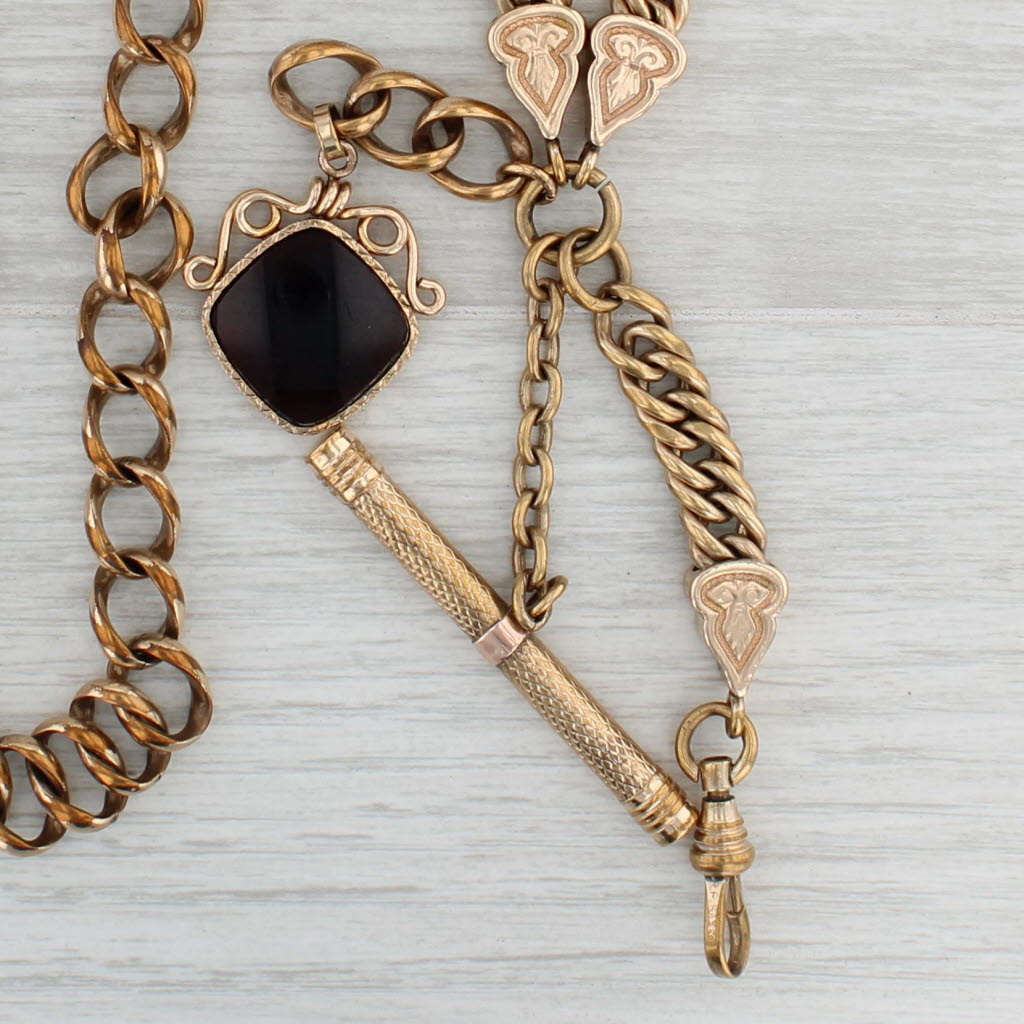 Gray Victorian Antique Watch Fob Chain Necklace Pendant Sardonyx Intaglio Gold Filled