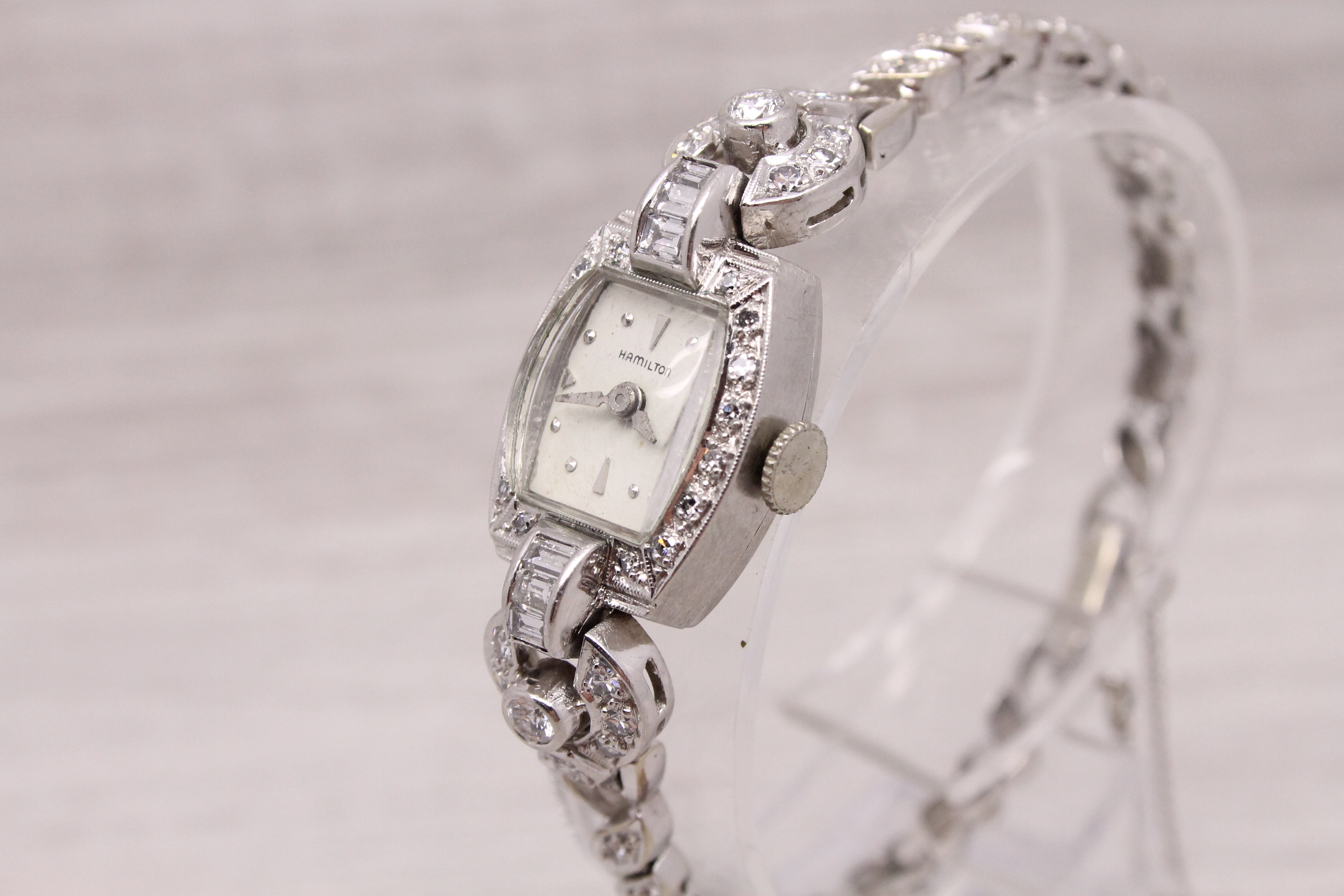 Gray Vintage c.1950's Hamilton Ladies 14k & Platinum Diamond Watch 1.19ctw SERVICED