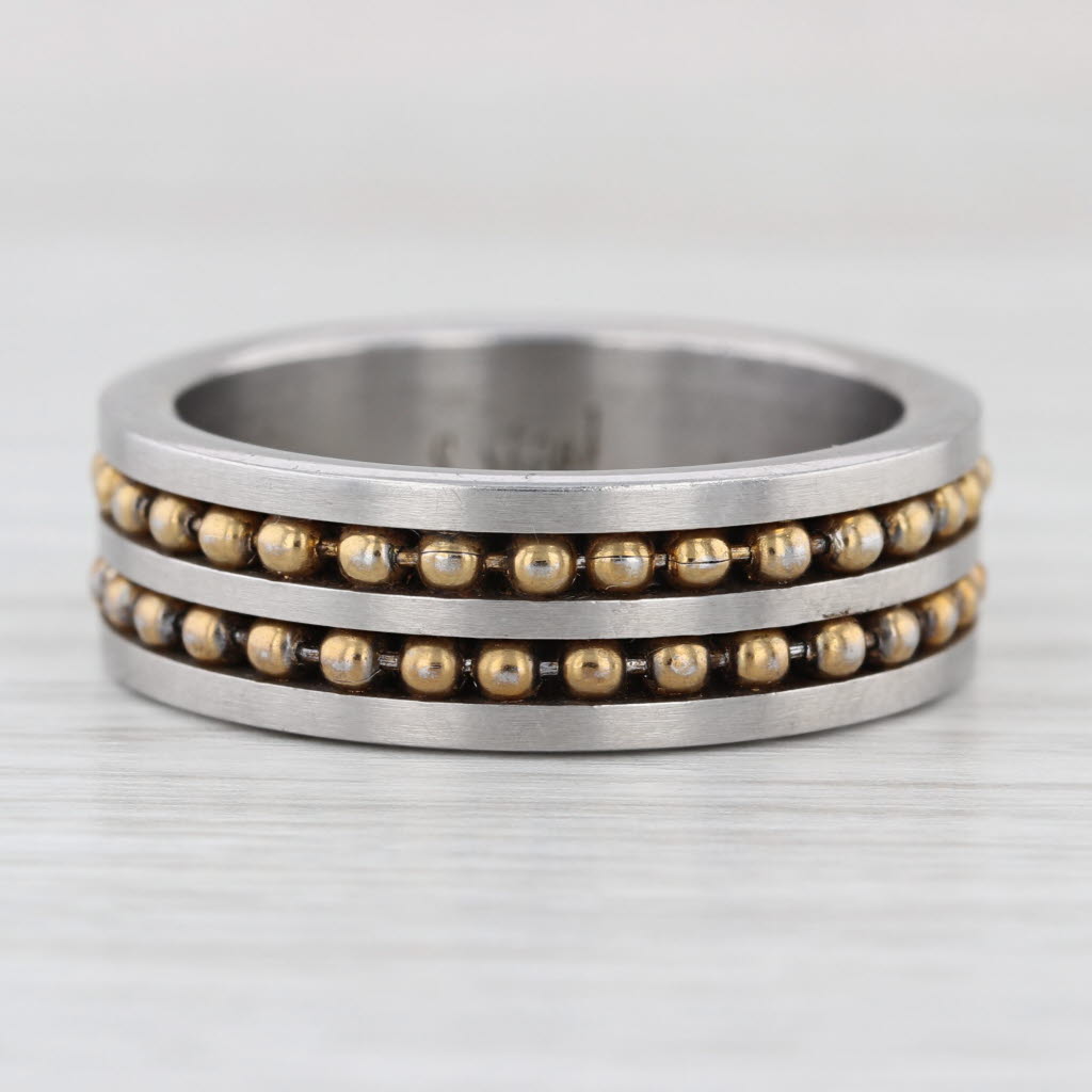 2-Toned Steel Bead Accented Ring Men's Size 12.25 Bead 8.1mm