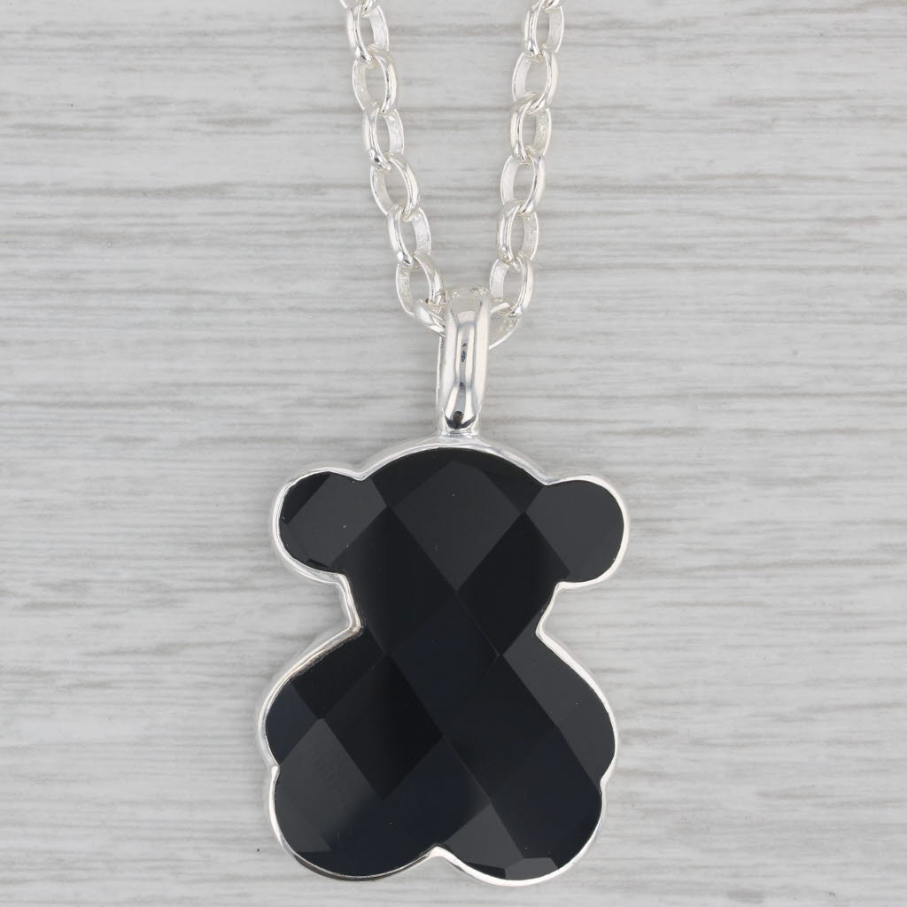 Gray Tous Onyx Teddy Bear Pendant Necklace Sterling Silver 23.5" Cable Chain