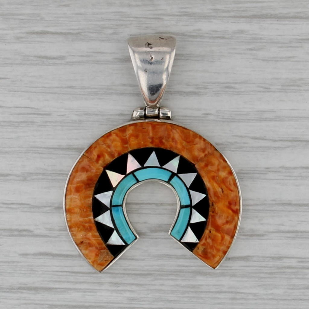 Vintage Navajo Mosaic Pendant Sterling Silver Native American Turquoise