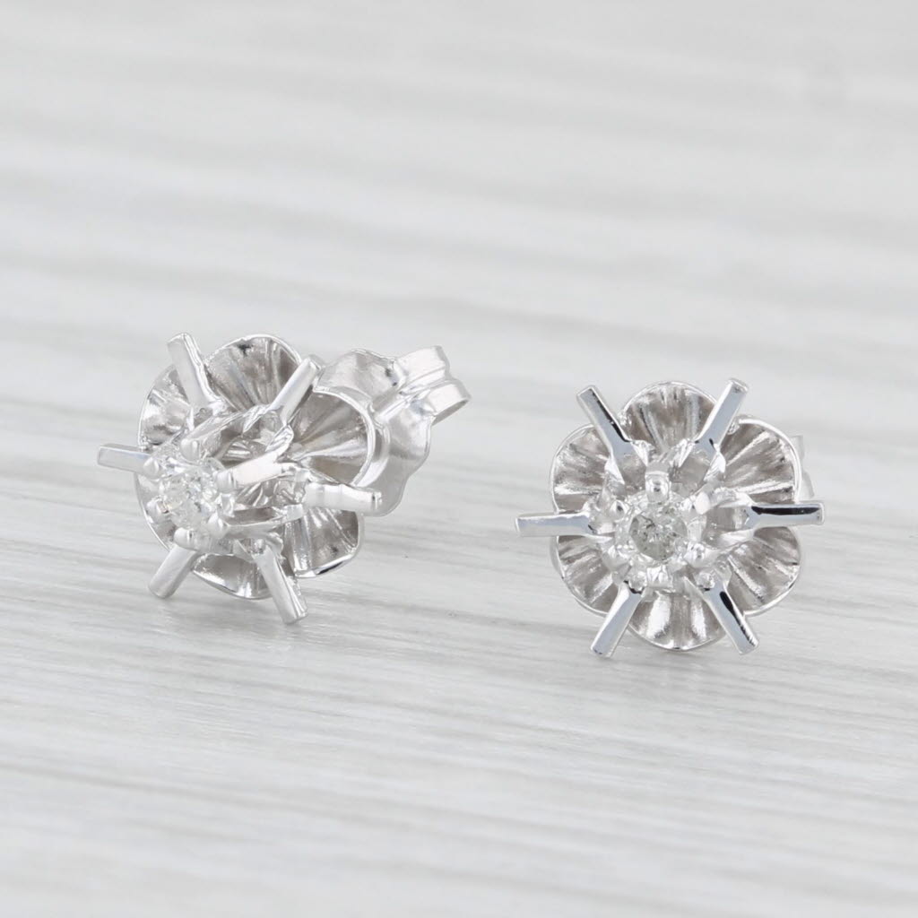 Light Gray Vintage Diamond Buttercup Stud Earrings 14k White Gold Solitaire Studs