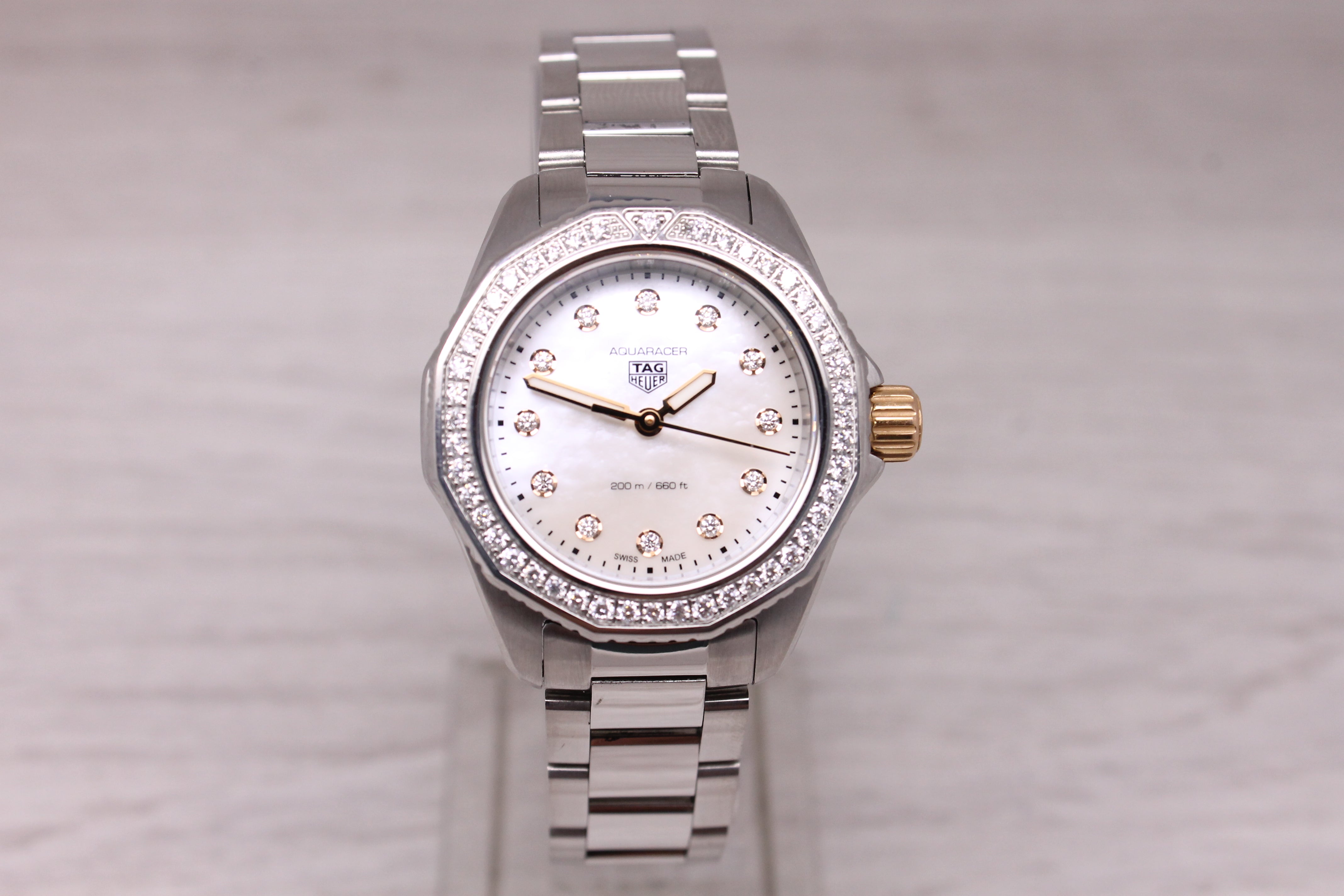 Tag Heuer Aquaracer Ladies 31mm Steel 18k Gold Watch Diamond Bezel Dial WBP1451