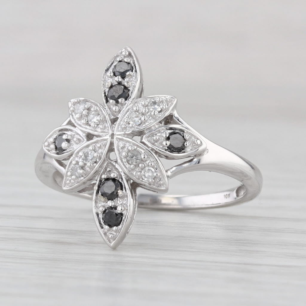 0.20ctw Black White Diamond Flower Ring 10k White Gold Size 8.25