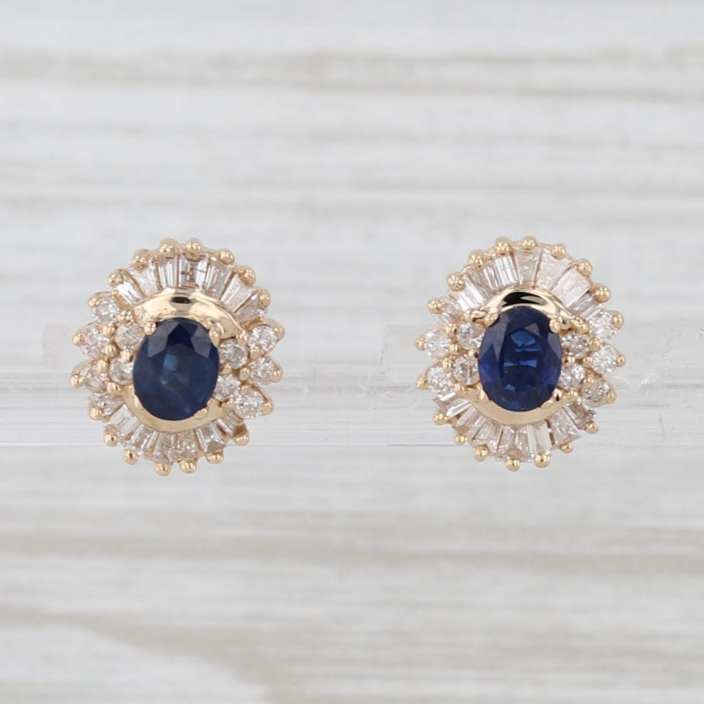 Light Gray 1.10ctw Oval Blue Sapphire Diamond Halo Stud Earrings 14k Yellow Gold