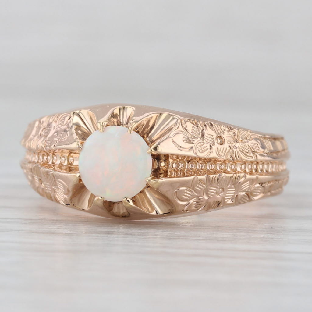 Light Gray Vintage Opal Cabochon Solitaire Ring 10k Rose Gold Floral Pattern Size 12