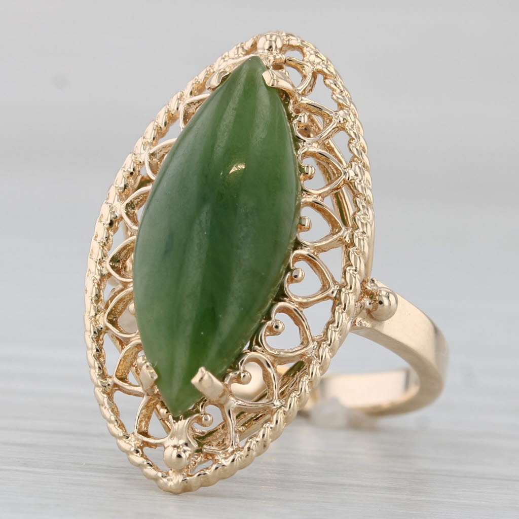 Gray Green Nephrite Jade Navette Cabochon Ring 14k Yellow Gold Size 6.5