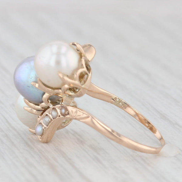 Light Gray Vintage 3-Stone Cultured Pearl Bypass Ring 14k Yellow Gold Cocktail Size 5