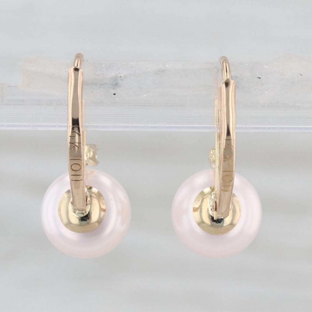 Freshwater Cultured Button Pearl Diamond Drop Earrings 14k Gold Lever Backs