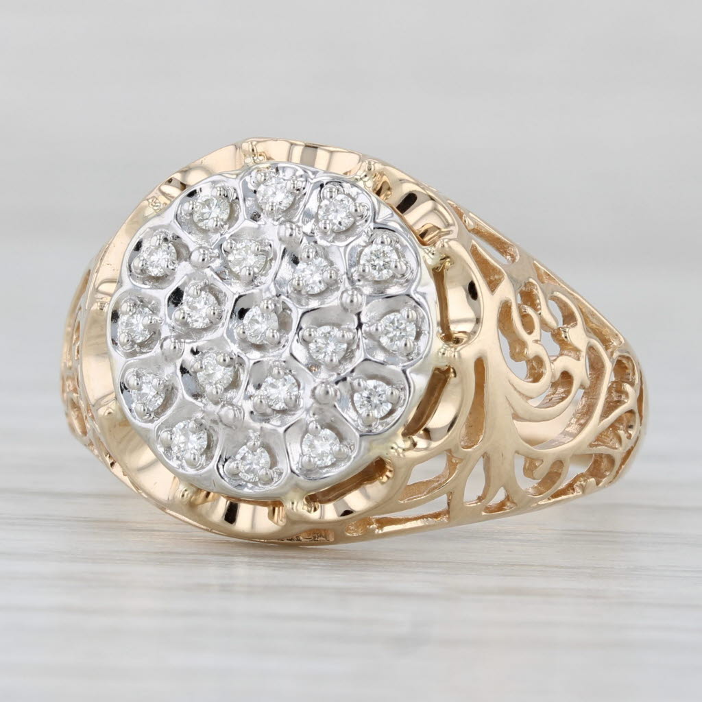 Light Gray 0.22ctw Diamond Cluster Belcher Setting Ring 10k Gold Ornate Openwork Size 10.25