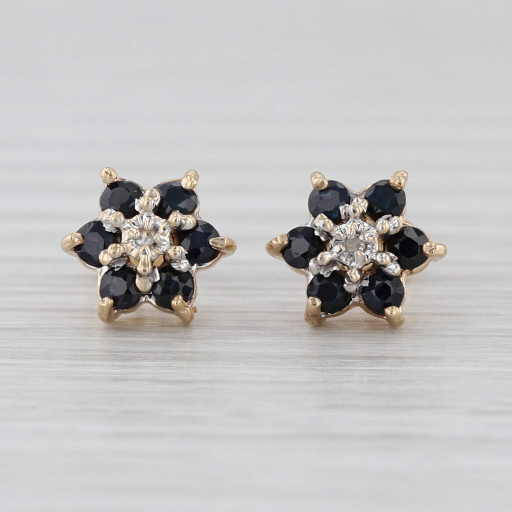 0.66ctw Blue Sapphire Diamond Flower Stud Earrings 10k Yellow Gold Studs