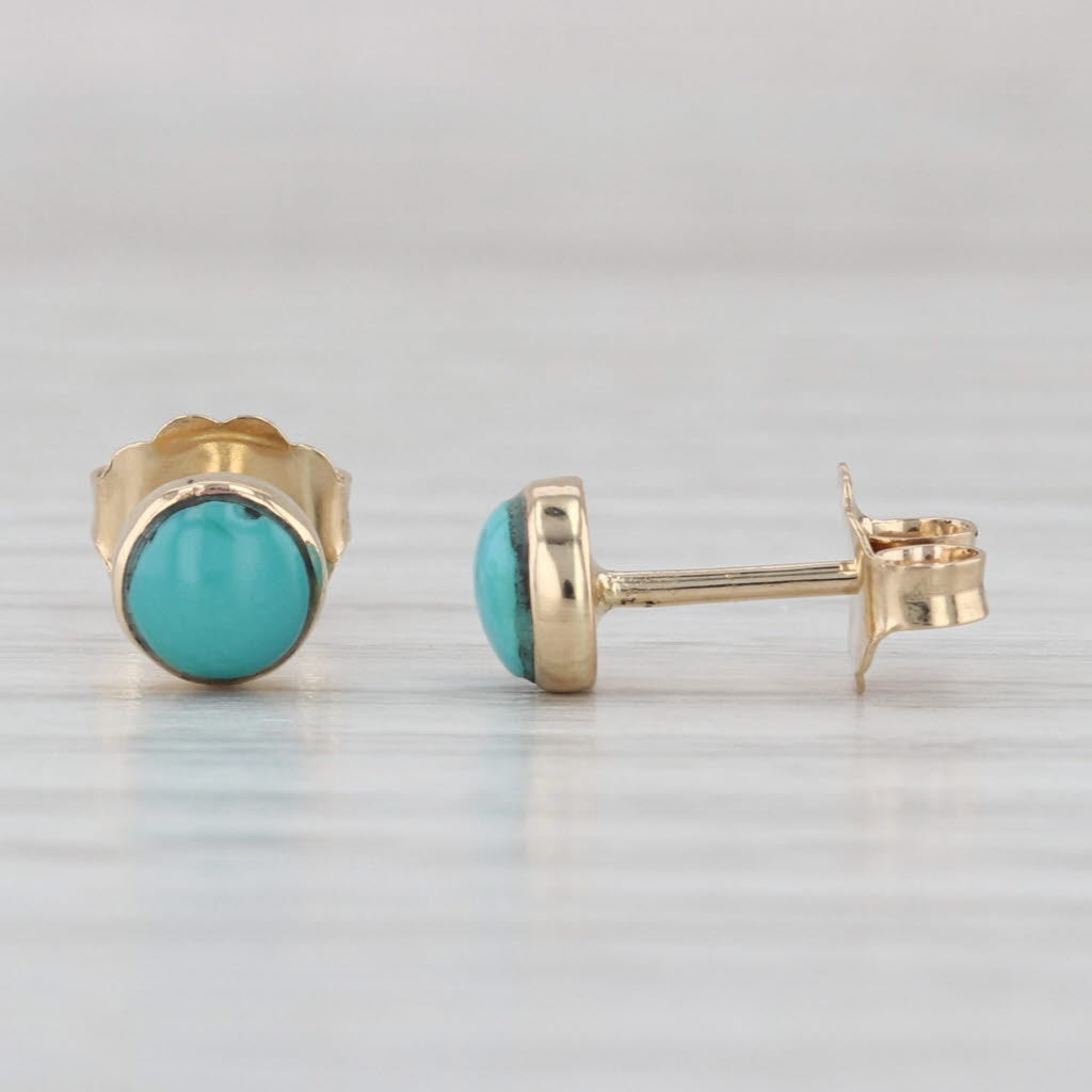 Turquoise Stud Earrings 14k Yellow Gold Round Cabochon Solitaire Studs