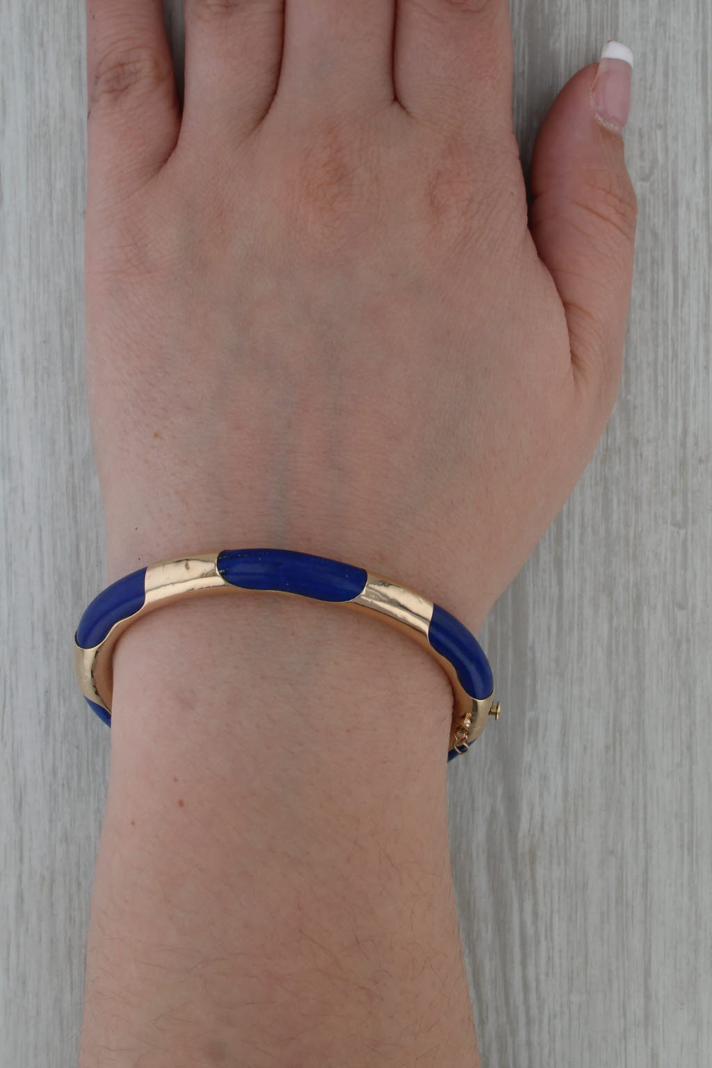Vintage Blue Lapis Lazuli Bangle Bracelet 14k Yellow Gold 7" Hinged