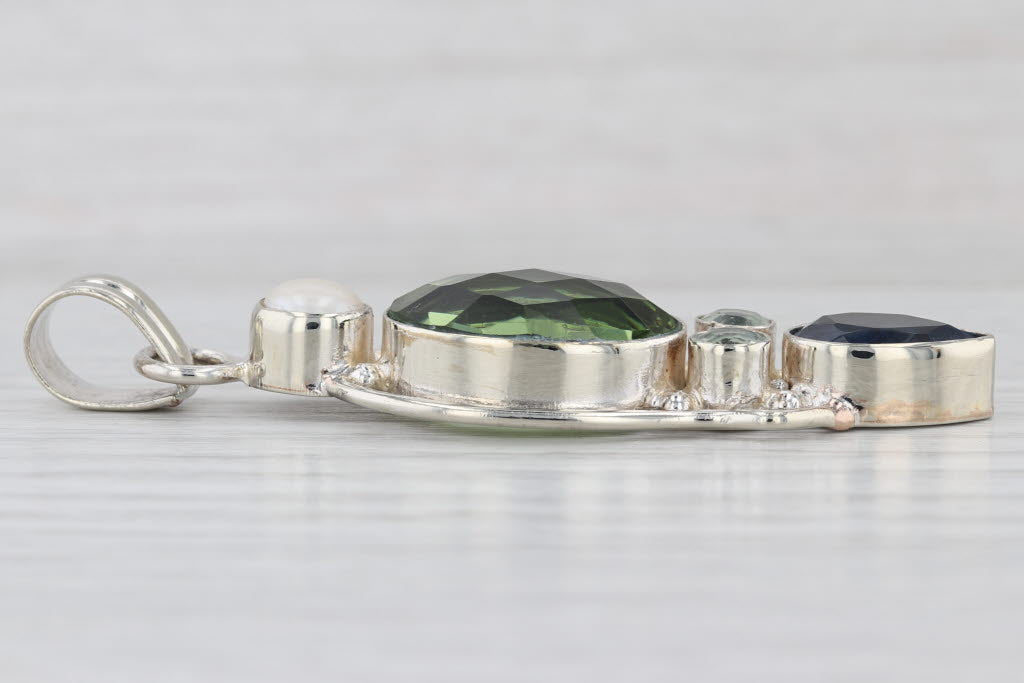 Cultured Pearl Blue Green Glass Statement Pendant Sterling Silver Large Drop