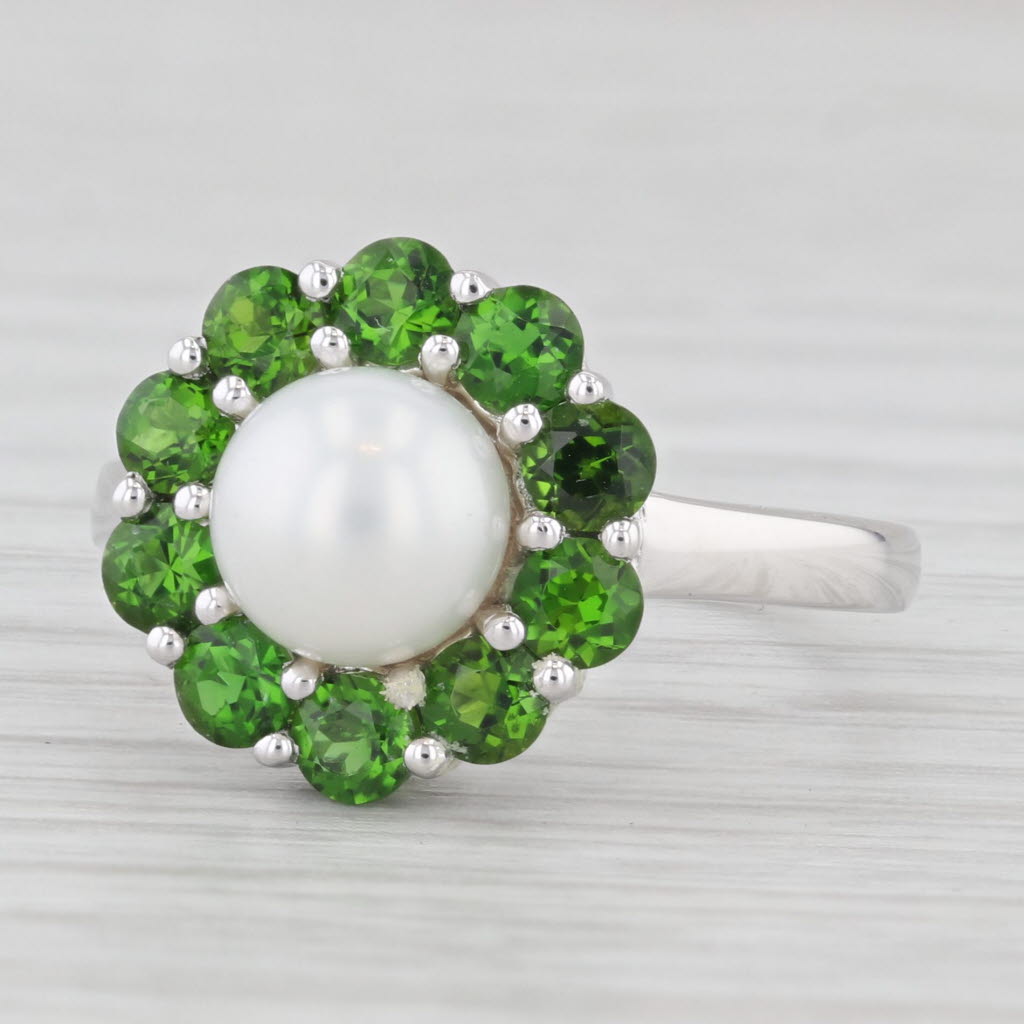 Light Gray Cultured Pearl Green Chrome Diopside Halo Ring 10k White Gold Size 7