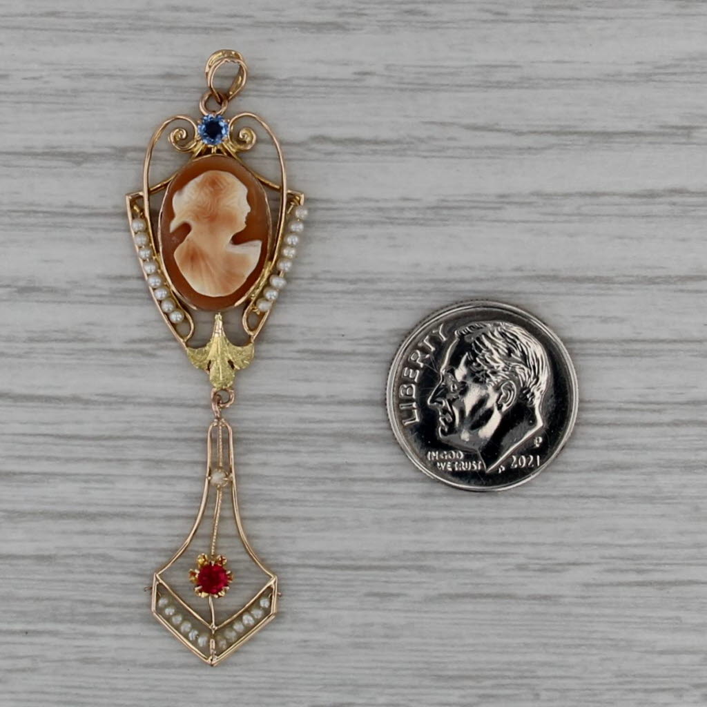 Vintage Carved Shell Cameo Pearl Glass Lavalier Pendant 10k Yellow Green Gold