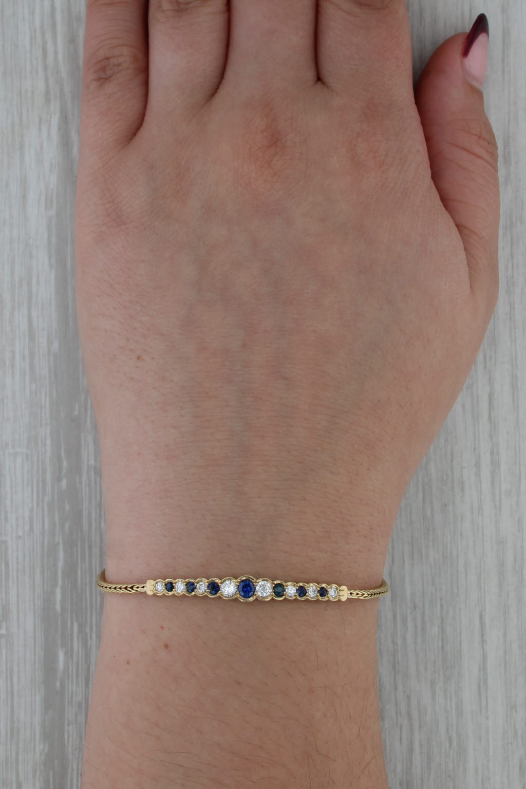 0.96ctw Blue Sapphire Diamond Bracelet 18k Yellow Gold Wheat Chain 6.75"