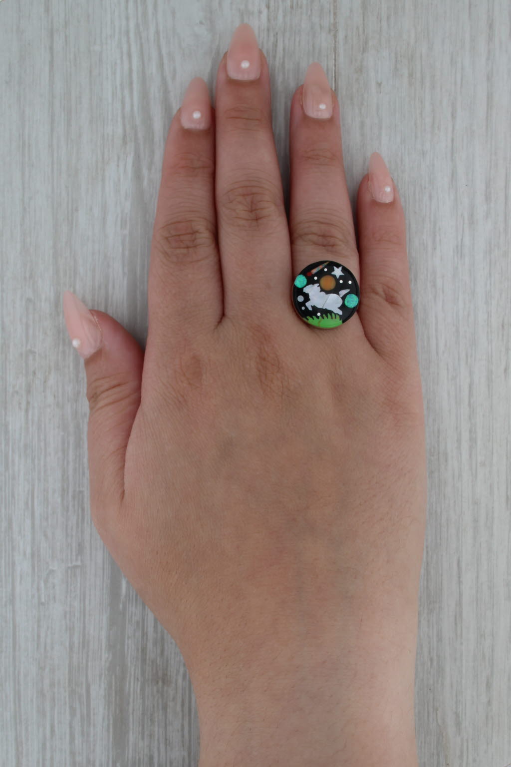 Capricorn Sheep Star Sign Ring Stone Mosaic Resin Sterling Silver Size 7.75-8