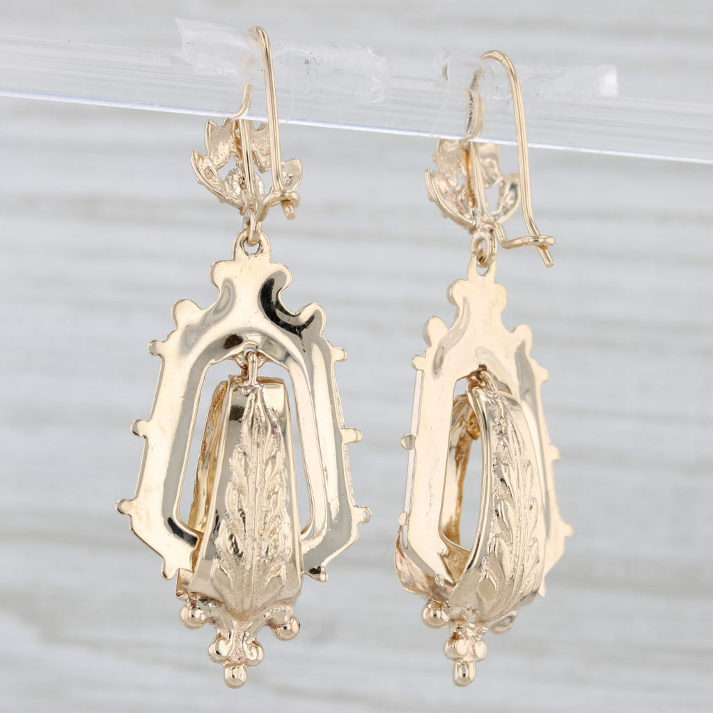 Light Gray Vintage Ornate Dangle Earrings 14k Yellow Gold Hook Posts & Clasps