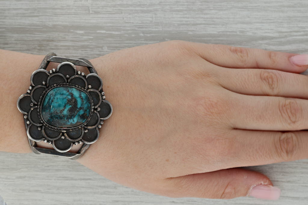 Rosy Brown Large Turquoise Flower Statement Cuff Bracelet Silver Vintage Native American