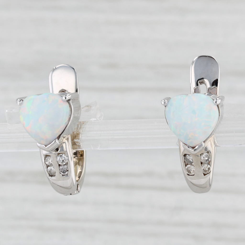 Light Gray Lab Created Opal Heart Diamond Drop Earrings 14k White Gold