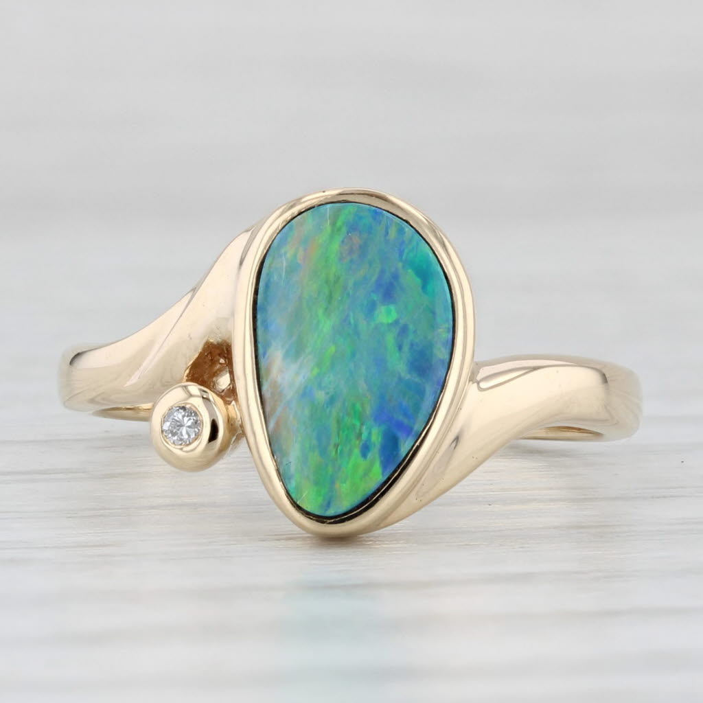 Light Gray Multicolor Opal Ring 14k Yellow Gold Bypass Size 6 Diamond Accent