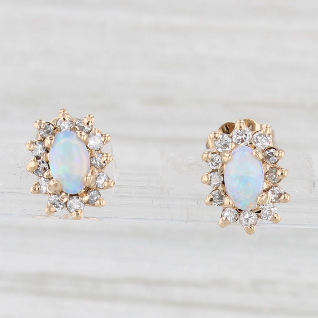 Light Gray Opal Diamond Halo Stud Earrings 14k Yellow Gold Vintage Oval Cabochon Studs