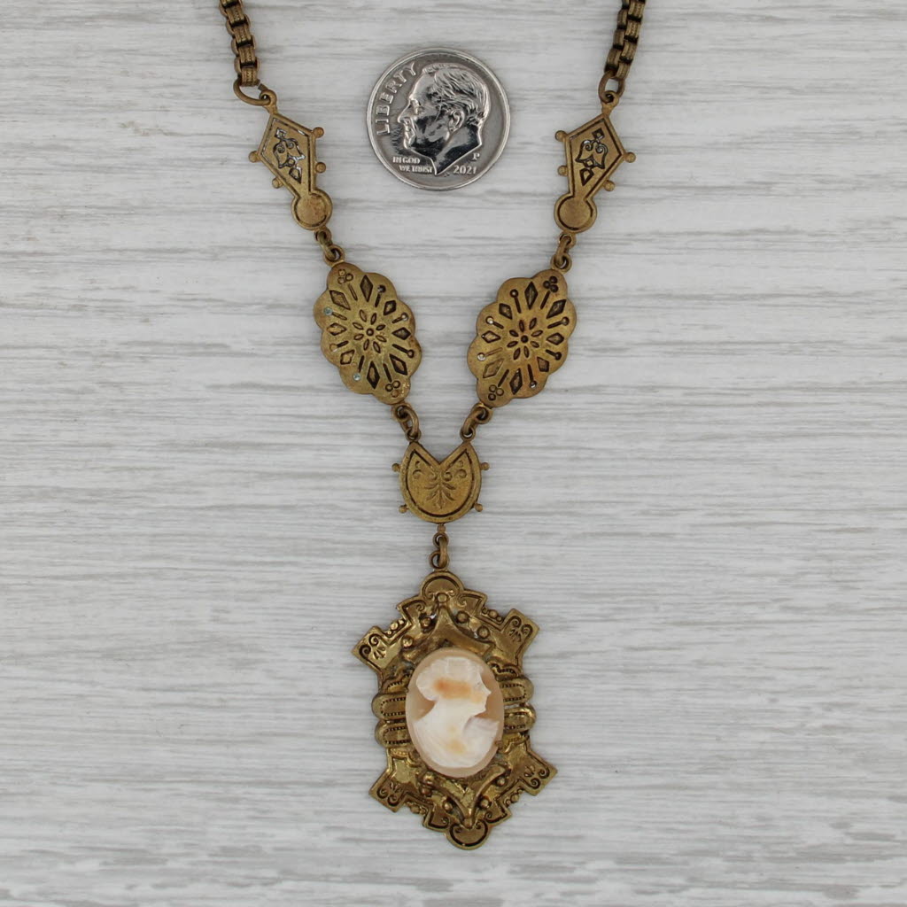 Antique Carved Shell Cameo Lavalier Pendant Necklace Gold Filled 16" Box Chain