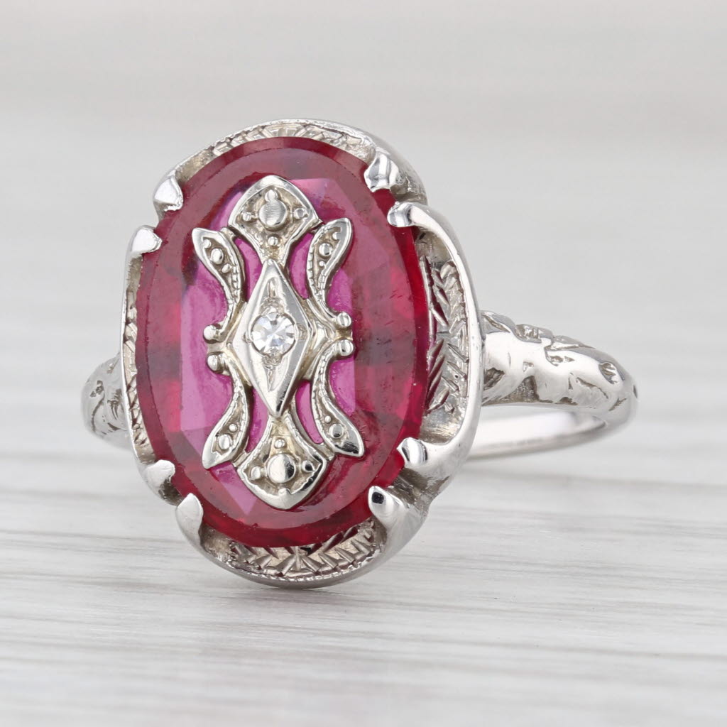 Ornate Vintage Lab Created Ruby Diamond Ring 14k White Gold Size 5.5