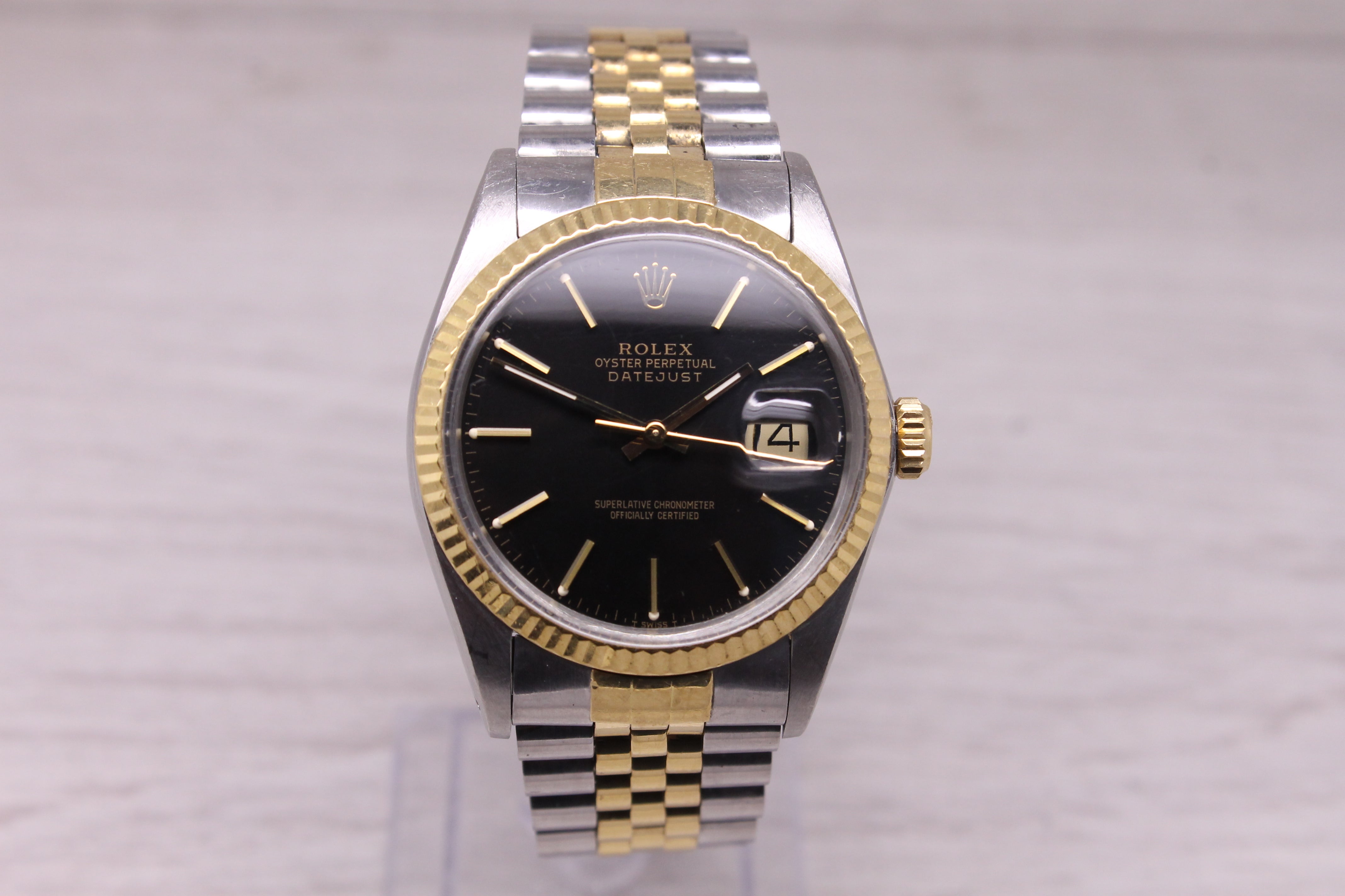 Vintage 1986 Rolex Datejust 16013 Mens Automatic 18k Steel Watch w Jubilee Black