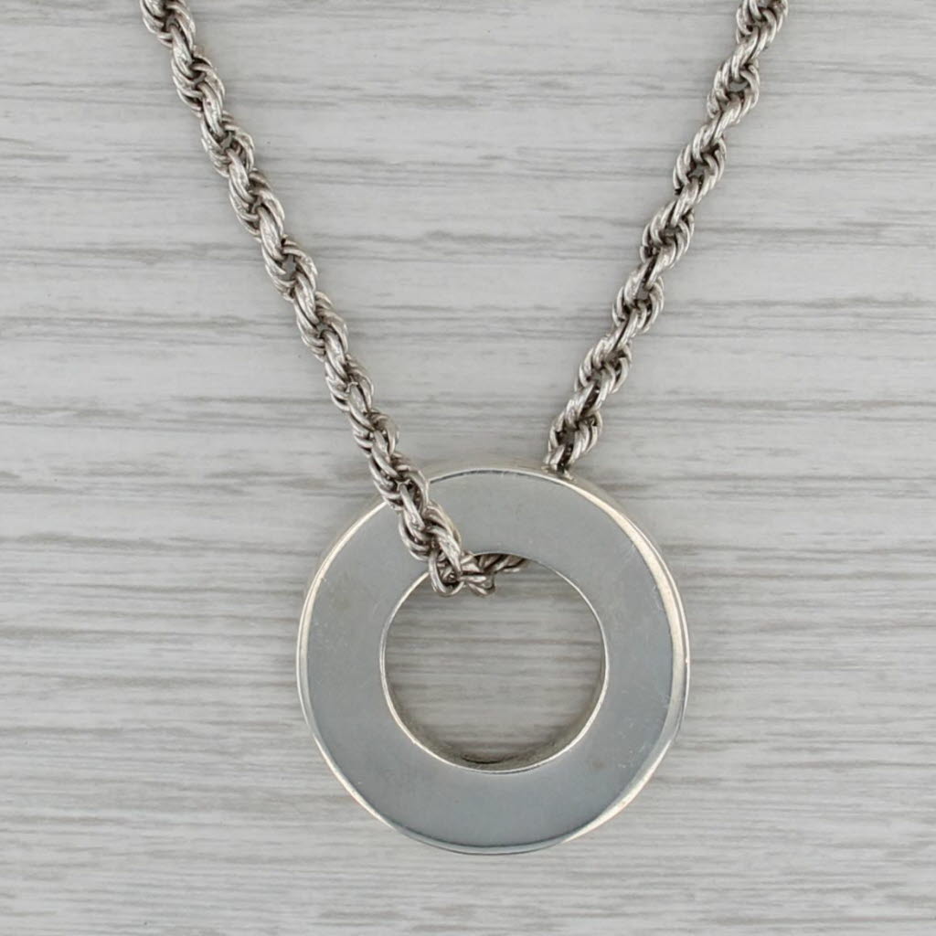 Large Circle Pendant Necklace Sterling Silver 28.75" Rope Chain Statement