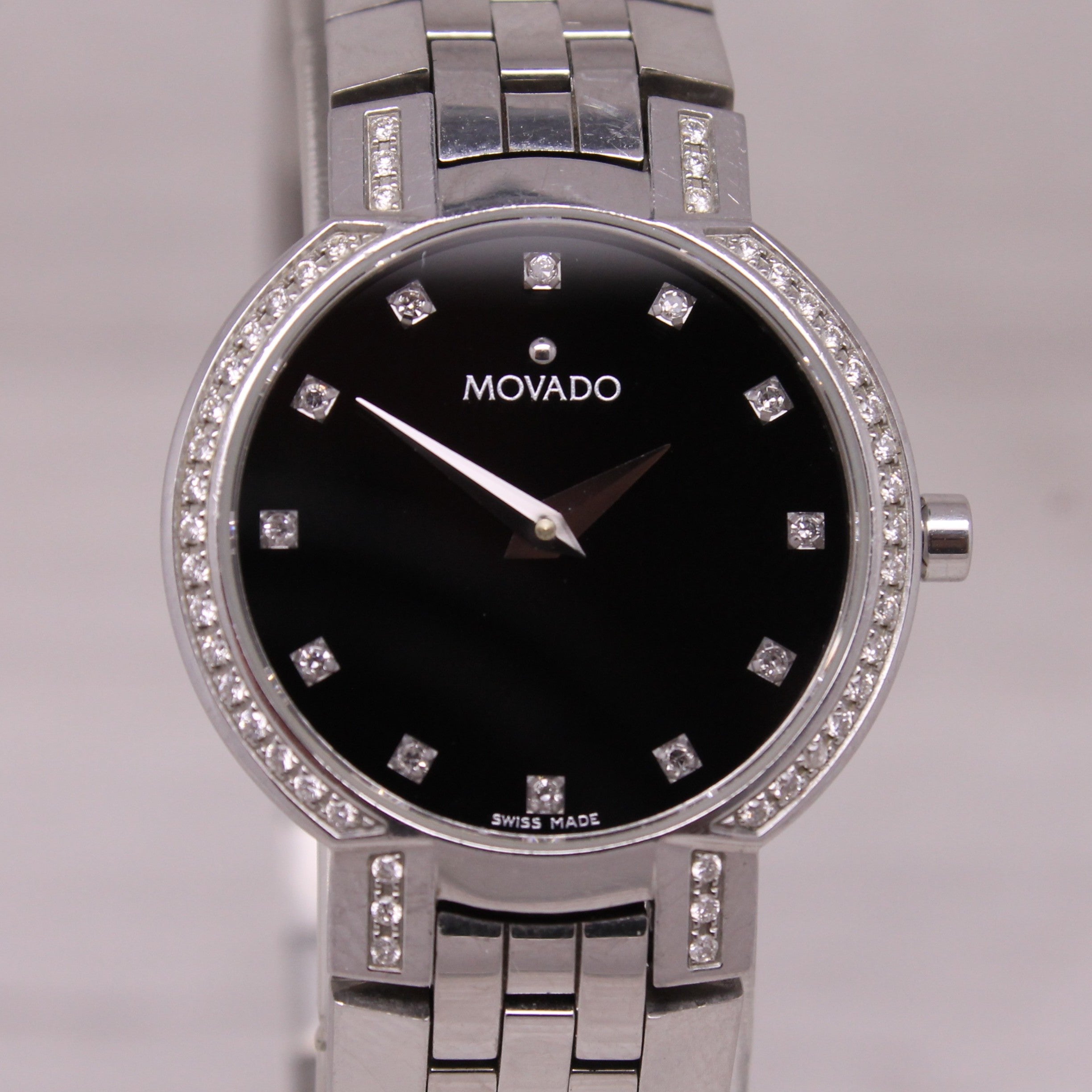 Movado Faceto Diamond Bezel 25mm Watch Black Dial Steel Quartz Swiss 84 A1 1845